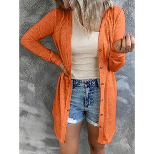 Minimalist Orange Cardigan Long Open Front Sweater Button Front Knit Jacket